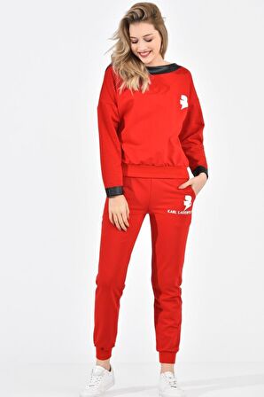 Kayık Deri Yakalı Baskılı Kırmızı Kadın Eşofman Takım