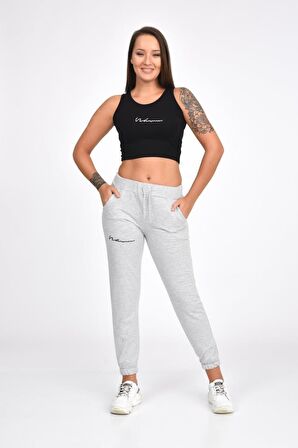 Atletli Beli ve Paçası Lastikli Nakışlı Gri Kadın Eşofman