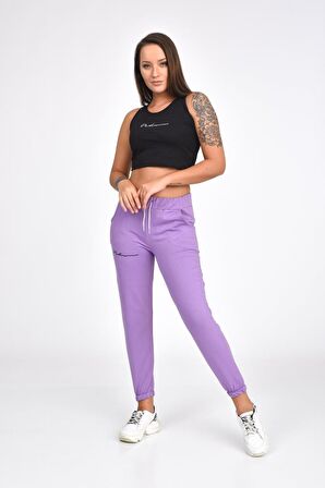 Atletli Beli ve Paçası Lastikli Nakışlı Lila Kadın Eşofman