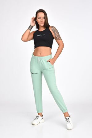 Atletli Beli ve Paçası Lastikli Nakışlı Mint Yeşili Kadın Eşofman