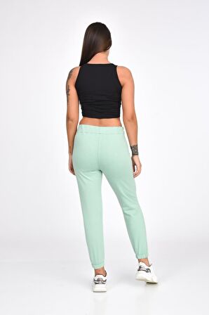 Atletli Beli ve Paçası Lastikli Nakışlı Mint Yeşili Kadın Eşofman