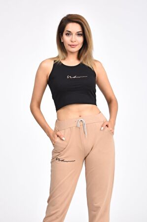 Atletli Beli ve Paçası Lastikli Nakışlı Vizon Kadın Eşofman