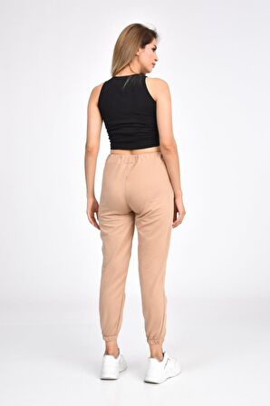 Atletli Beli ve Paçası Lastikli Nakışlı Vizon Kadın Eşofman