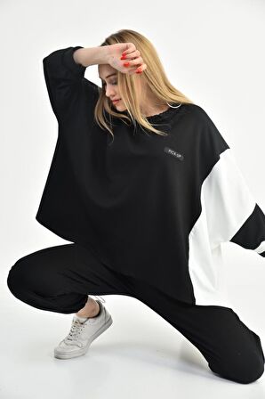 Bisiklet Yaka Siyah Beyaz Yarasa Kol Kadın Eşofman Takım