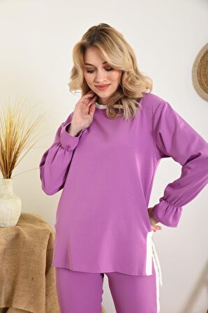 Bisiklet Yaka Yandan Şeritli Lila Alt Üst Kadın Eşofman Takım