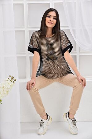 Bisiklet Yaka Taş Dizinli ve Tavşan Desenli Fileli Bej Kadın Eşofman Takım