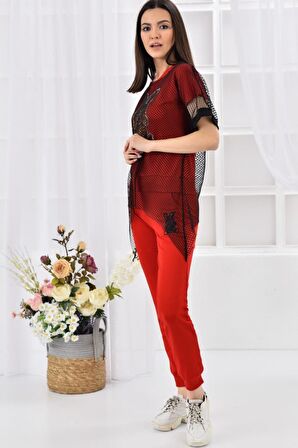 Bisiklet Yaka Taş Dizinli ve Tavşan Desenli Fileli Kırmızı Kadın Eşofman Takım