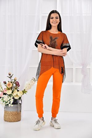 Bisiklet Yaka Taş Dizinli ve Tavşan Desenli Fileli Turuncu Kadın Eşofman Takım
