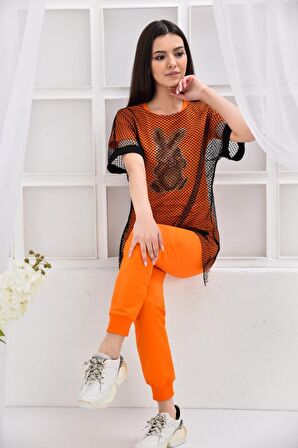 Bisiklet Yaka Taş Dizinli ve Tavşan Desenli Fileli Turuncu Kadın Eşofman Takım