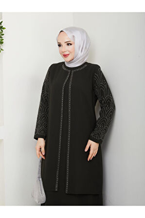 Kolları Taşlı Büyük Beden Anne Elbisesi