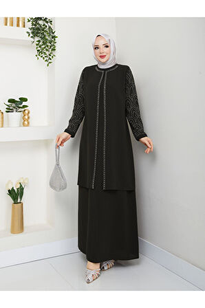 Kolları Taşlı Büyük Beden Anne Elbisesi