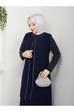 Kolları Taşlı Büyük Beden Anne Elbisesi
