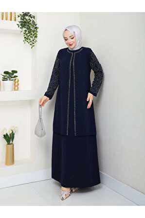 Kolları Taşlı Büyük Beden Anne Elbisesi