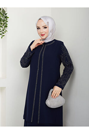 Kolları Taşlı Büyük Beden Anne Elbisesi