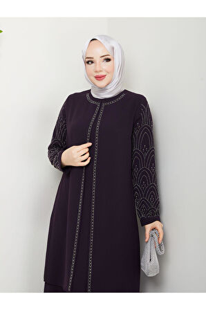 Kolları Taşlı Büyük Beden Anne Elbisesi