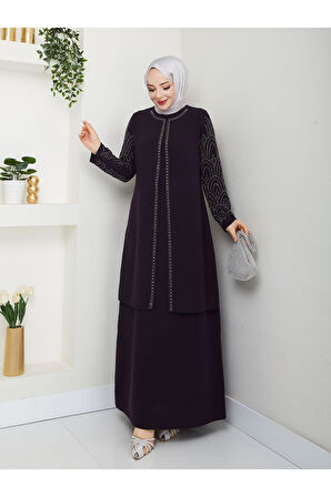 Kolları Taşlı Büyük Beden Anne Elbisesi