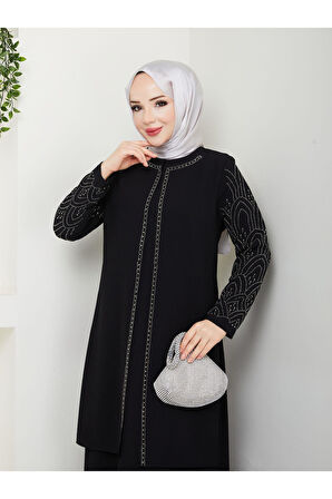 Kolları Taşlı Büyük Beden Anne Elbisesi