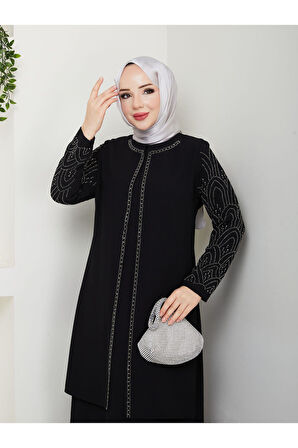 Kolları Taşlı Büyük Beden Anne Elbisesi