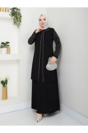 Kolları Taşlı Büyük Beden Anne Elbisesi