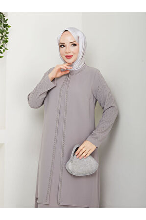 Kolları Taşlı Büyük Beden Anne Elbisesi