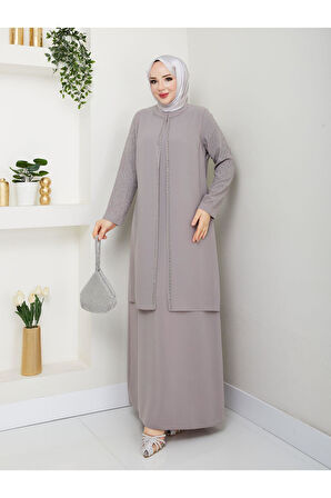 Kolları Taşlı Büyük Beden Anne Elbisesi