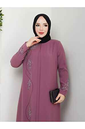 Büyük Beden Yaprak Taşlı Anne Elbisesi En7008