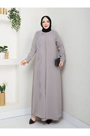 Büyük Beden Yaprak Taşlı Anne Elbisesi En7008