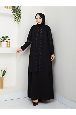 Yelpaze Taşlı Büyük Beden Anne Elbisesi