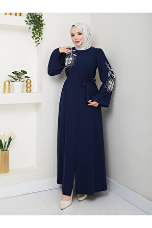 Gündelik Papatya Desenli Beyaz Inci Taşlı Ferace