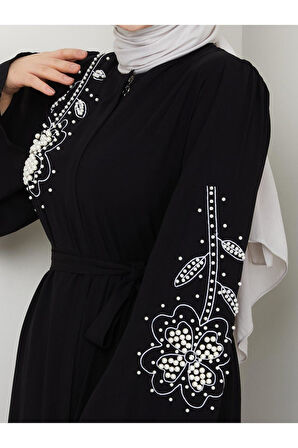 Gündelik Papatya Desenli Beyaz Inci Taşlı Ferace