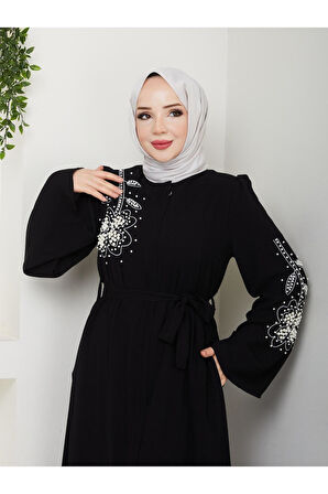 Gündelik Papatya Desenli Beyaz Inci Taşlı Ferace