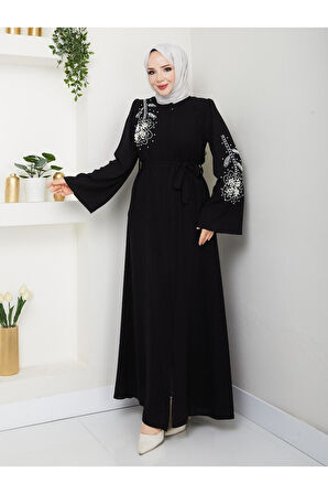 Gündelik Papatya Desenli Beyaz Inci Taşlı Ferace