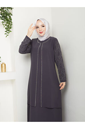 Kolları Taşlı Büyük Beden Anne Elbisesi