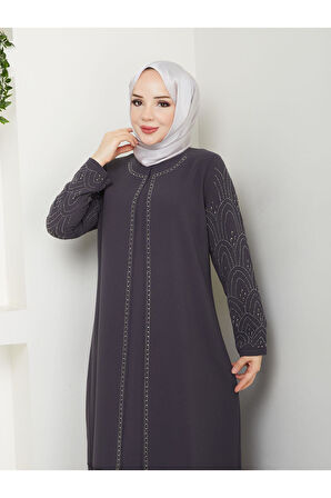 Kolları Taşlı Büyük Beden Anne Elbisesi