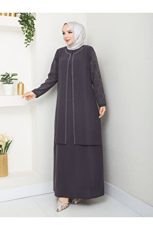 Kolları Taşlı Büyük Beden Anne Elbisesi