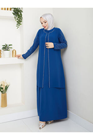 Kolları Taşlı Büyük Beden Anne Elbisesi