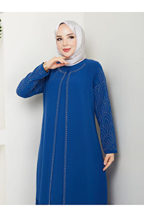 Kolları Taşlı Büyük Beden Anne Elbisesi