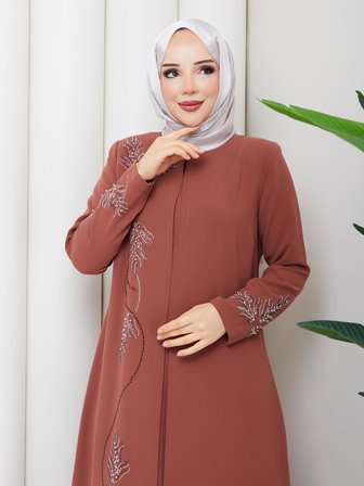 Büyük Beden Yaprak Taşlı Anne Elbisesi En7008
