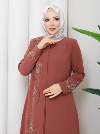 Büyük Beden Yaprak Taşlı Anne Elbisesi En7008