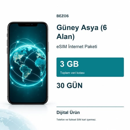 Güney Asya (6 Alan) eSIM İnternet Paketi 3 GB 30 Gün