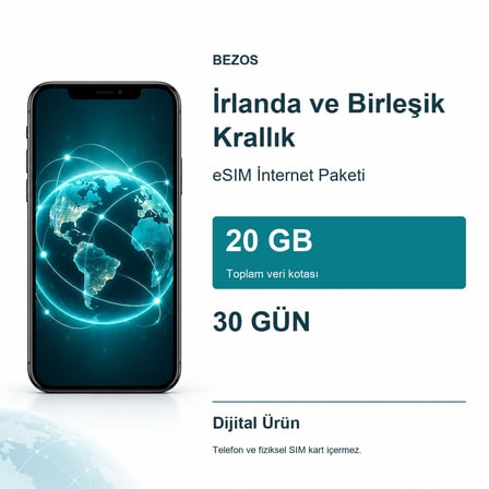 İrlanda ve Birleşik Krallık eSIM İnternet Paketi 20 GB 30 Gün