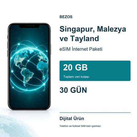 Singapur, Malezya ve Tayland eSIM İnternet Paketi 20 GB 30 Gün