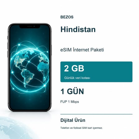 Hindistan eSIM İnternet Paketi Günlük 2 GB 1 Gün - FUP 1 Mbps