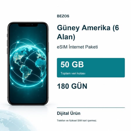 Güney Amerika (6 Alan) eSIM İnternet Paketi 50 GB 180 Gün