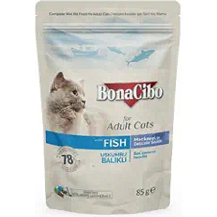 BonaCibo Soslu Uskumru-Balıklı Pouch Yetişkin Kedi Yaş Maması 85 gr x 12 Adet