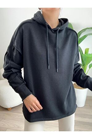 KADIN PİS DİKİŞ KAPÜŞONLU ÜÇ İPLİK SWEATSHIRT