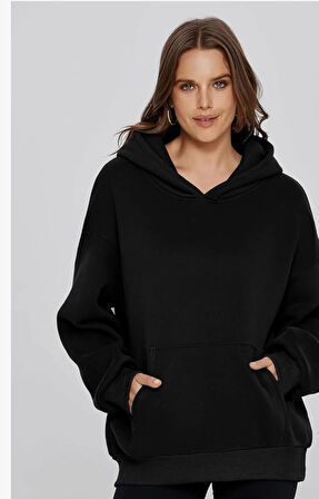 KADIN KANGURU CEPLİ OWERSİZE 3 İPLİK ŞARDONLU KAPÜŞONLU SWEATSHIRT