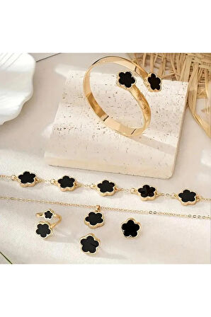 4'lü Set, Yaz Çiçeği ve Yonca Kolye, Küpe, Bileklik, Yüzük, Kadınlar İçin Tek Renkli Aksesuar Takımı