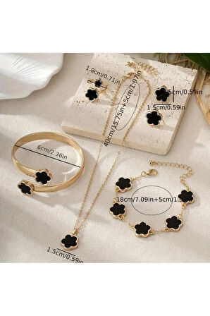 4'lü Set, Yaz Çiçeği ve Yonca Kolye, Küpe, Bileklik, Yüzük, Kadınlar İçin Tek Renkli Aksesuar Takımı