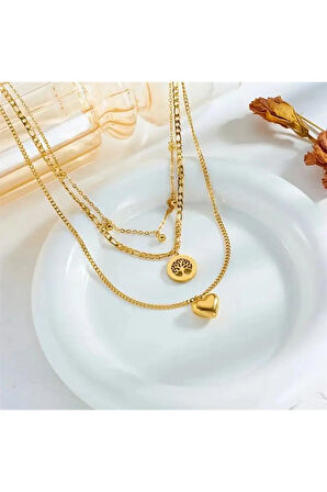 Altın Paslanmaz Çelik Kübik Katmanlı Kolye - Yaşam Ağacı & Kalp Kolye Ucu Çok Katmanlı Zincir Takı